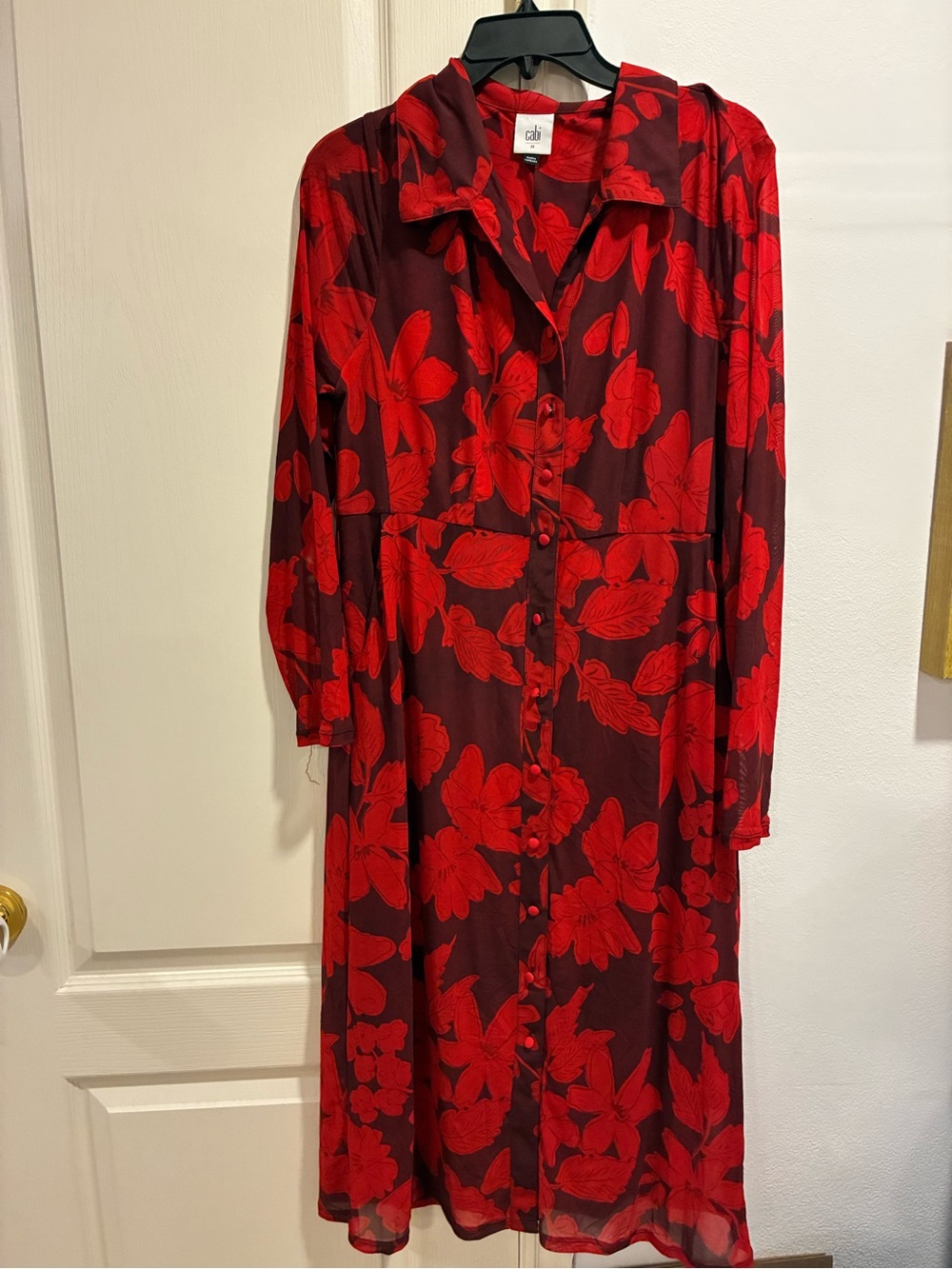 Cabi Red Floral Semi Sheer Button Down Midi Dress Medium
